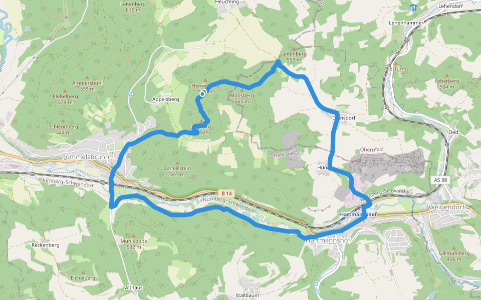 Hunas-Rundweg um Pommelsbrunn walking route map in Pommelsbrunn