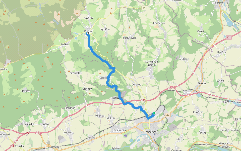 [Č] Potštát (bus) - Hranice (žst.) walking route map in Hranice