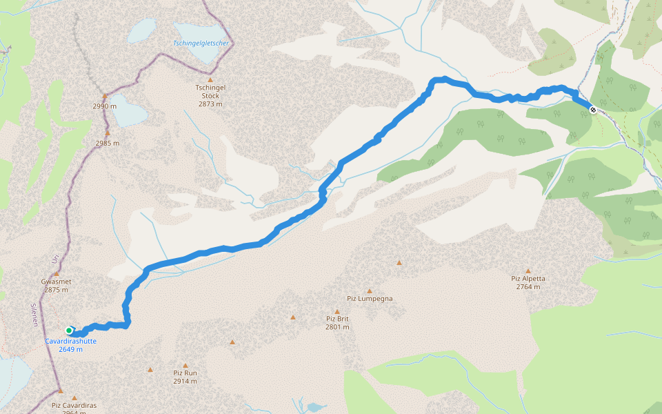 Cavardirashütte-Alp Cavrain Sut walking route map in Disentis/Mustér