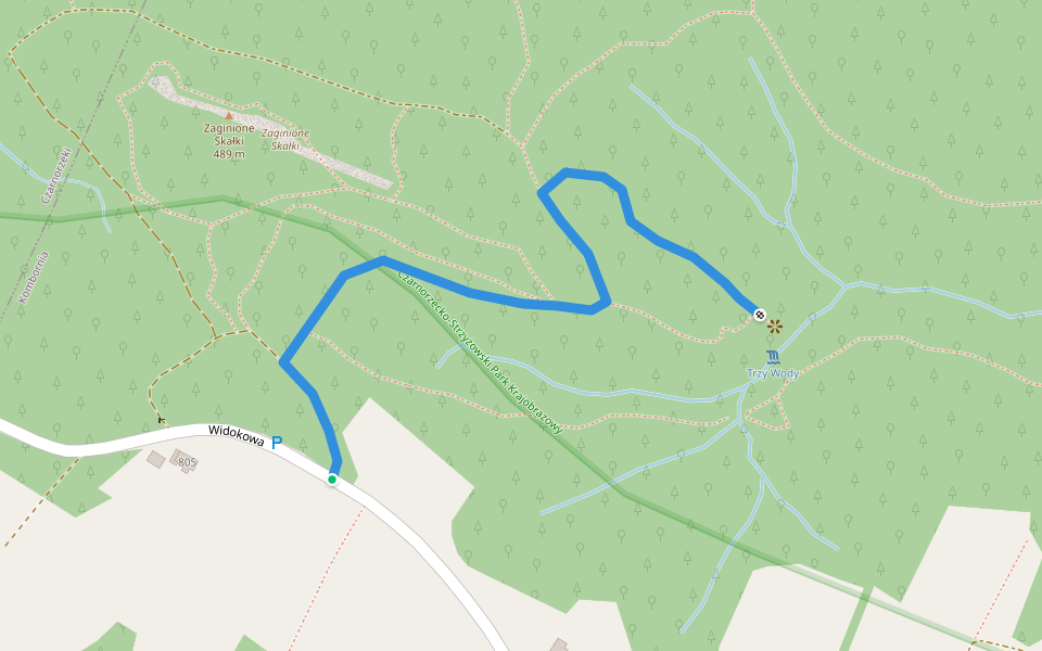 żółta ścieżka przyrodnicza do wodospadu "Trzy Wody" walking route map in Kombornia