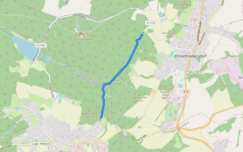 Ww Ab Fernwanderweg Eisenach-Budapest nach Geyer walking route map in Ehrenfriedersdorf