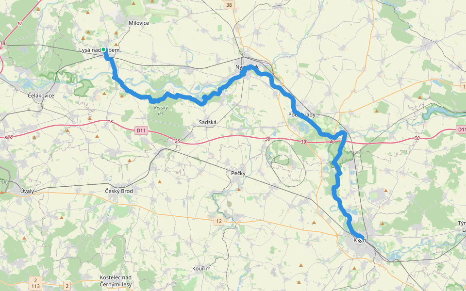 [Č] Lysá nad Labem - Kolín walking route map in Lysá nad Labem