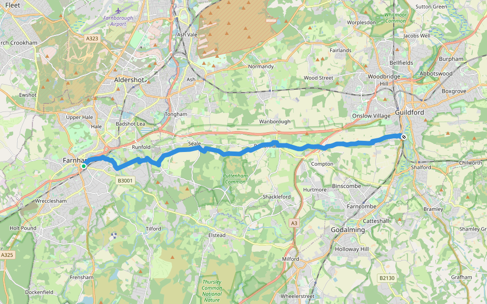 North Downs Way (Western) walking route map in Farnham