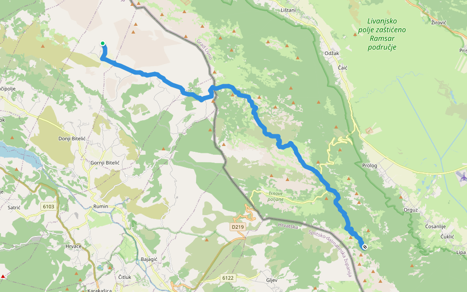Kurtagić - Vaganj - Vrdovo walking route map in Donji Bitelić