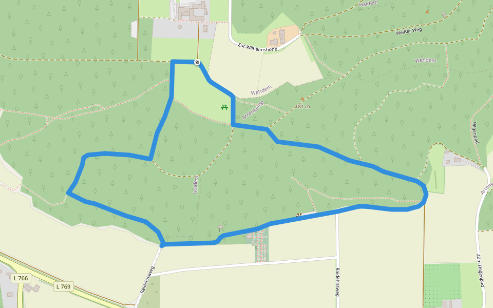 Gelb gestrichelte Route- Stemweder Berg walking route map in Stemwede