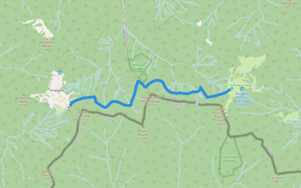 Przełęcz Przegibek – Hala Rycerzowa walking route map in Soblówka