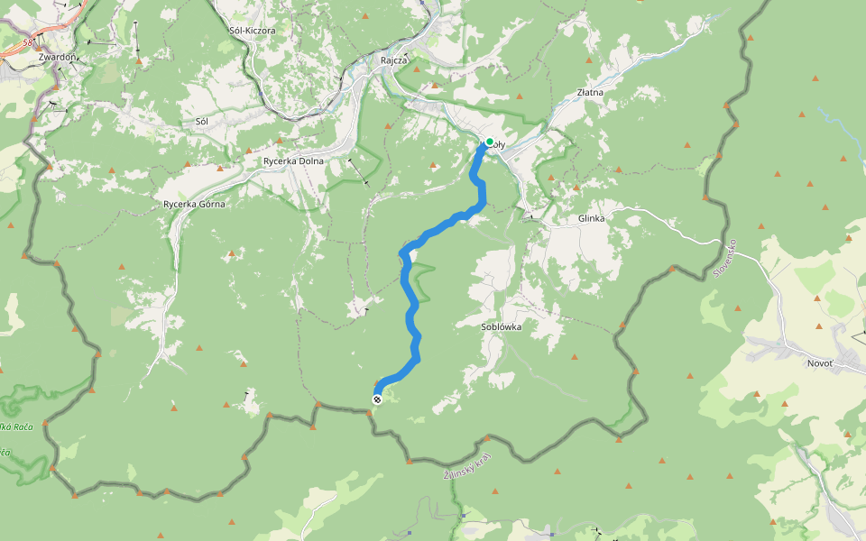 Ujsoły - Hala Rycerzowa walking route map in Ujsoły
