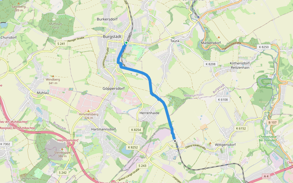Wanderweg Burgstädt – Wittgensdorf Oberer Bhf. (Bahnweg) walking route map in Burgstädt