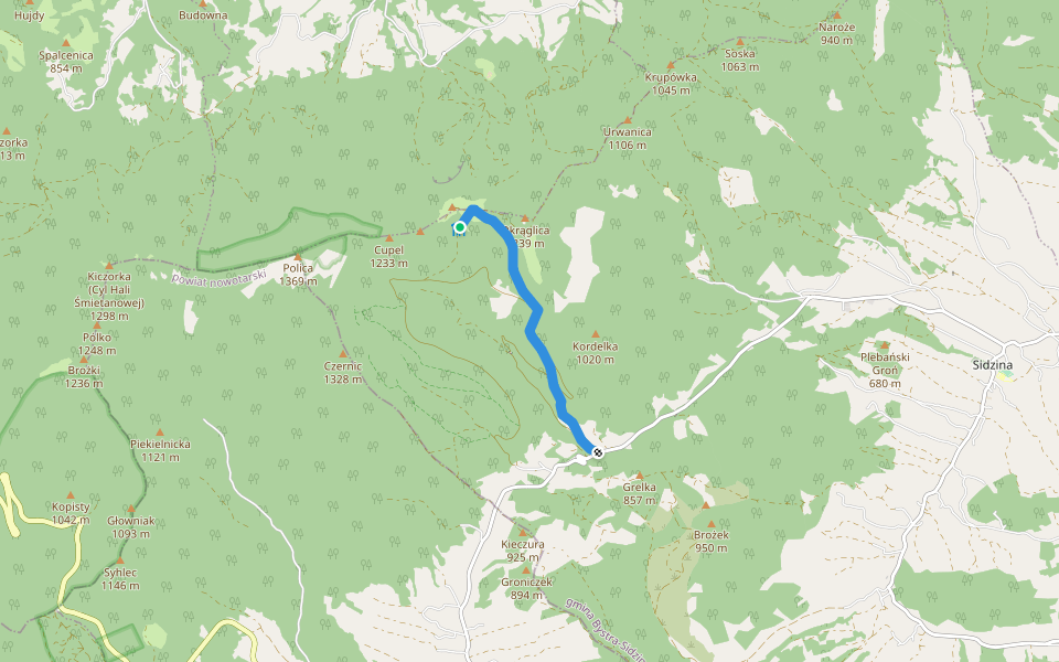 Hala Krupowa - Sidzina-Wielka Polana walking route map in Zawoja