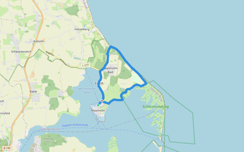 Route Maasholm-Schleimünde walking route map in Maasholm