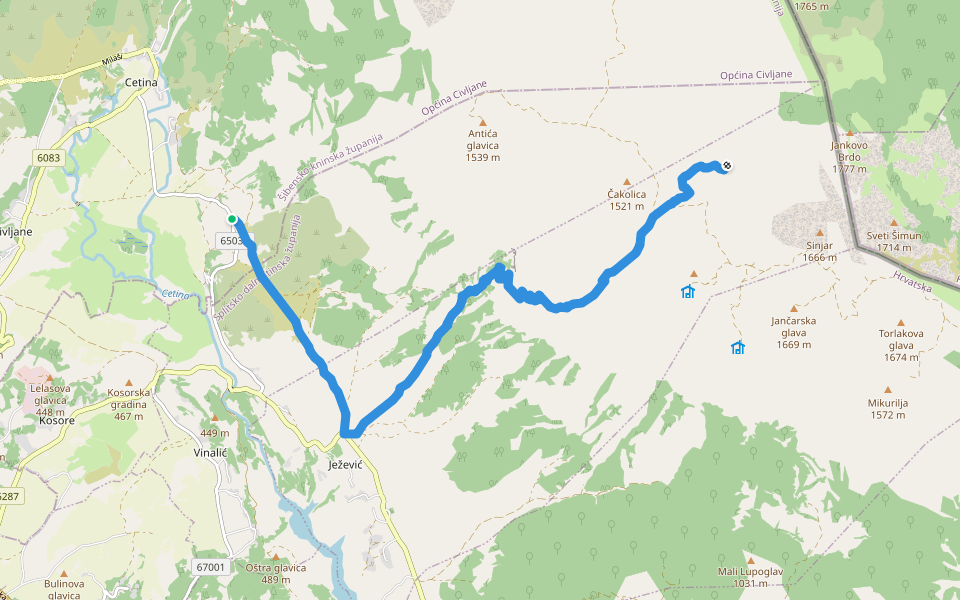 Ježević-Crvene_grede-marin_bunar walking route map in Cetina