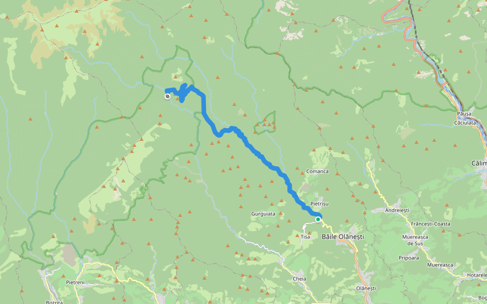 Băile Olănești - Plaiul Piatra Tăiată - Șaua Prislopel - Șaua La Lac - Curmătura Stogșoare - Cabana Cheia walking route map in Pietrișu