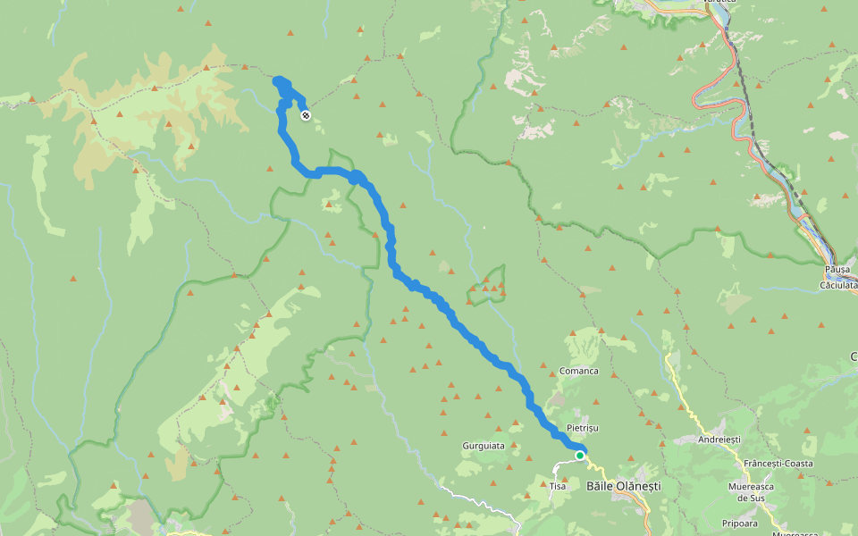 Băile Olănești - Valea Olănești - Cantonul Silvic Mânzu - Cheile Olănești - Vârful Folea walking route map in Pietrișu