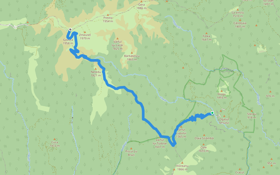 Cabana Cheia - Curmătura Comarnice - Plaiul Lespezi - Curmătura Lespezi - Vârful Netedu - Vârful Lespezi - Vârful Govora - Șaua Zmeuret walking route map in Gurguiata