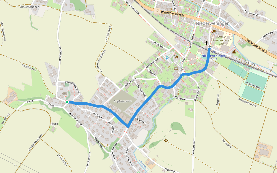 Nied.weningen Kirche - Niederweningen Haltestelle walking route map in Niederweningen