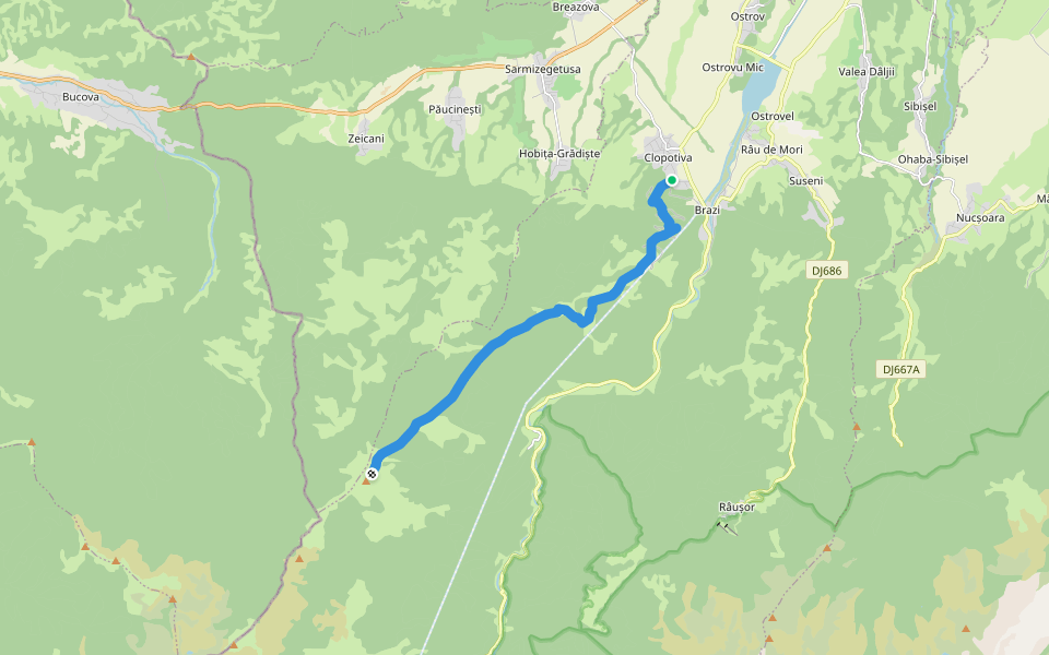Vârful Petreanu - Clopotiva walking route map in Clopotiva
