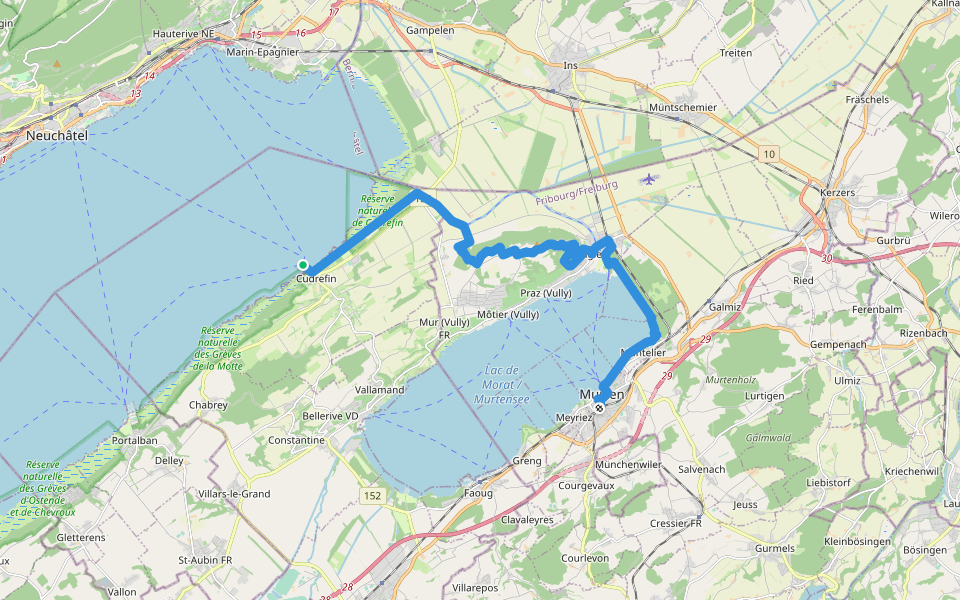 Trans Swiss Trail (Cudrefin - Murten) walking route map in Cudrefin