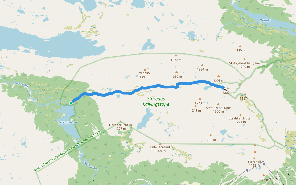 Væringsdalen - Krossloskaret walking route map in Breive
