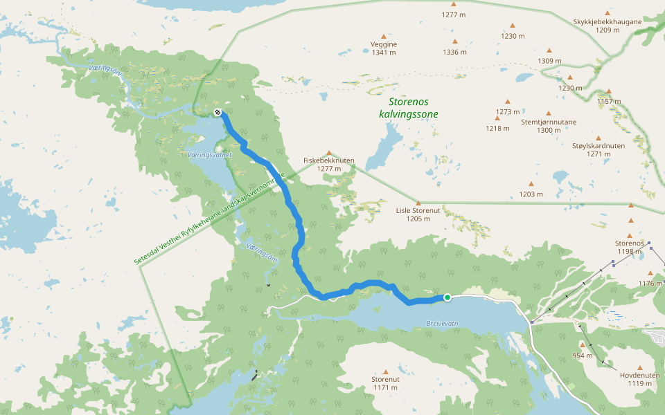 Væringsdalen walking route map in Breive