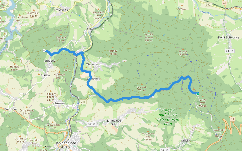 [M] Studenský Horní Les - Těchonín - Suchý Vrch walking route map in Orličky