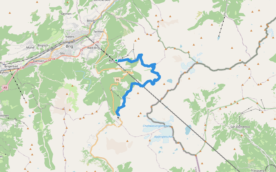 Simplon-Höhenweg walking route map in Rosswald