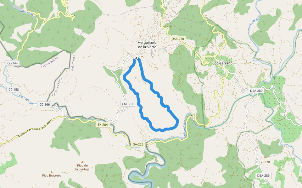 Camino Vuelta a la Sierrra Castillo walking route map in Herguijuela de la Sierra