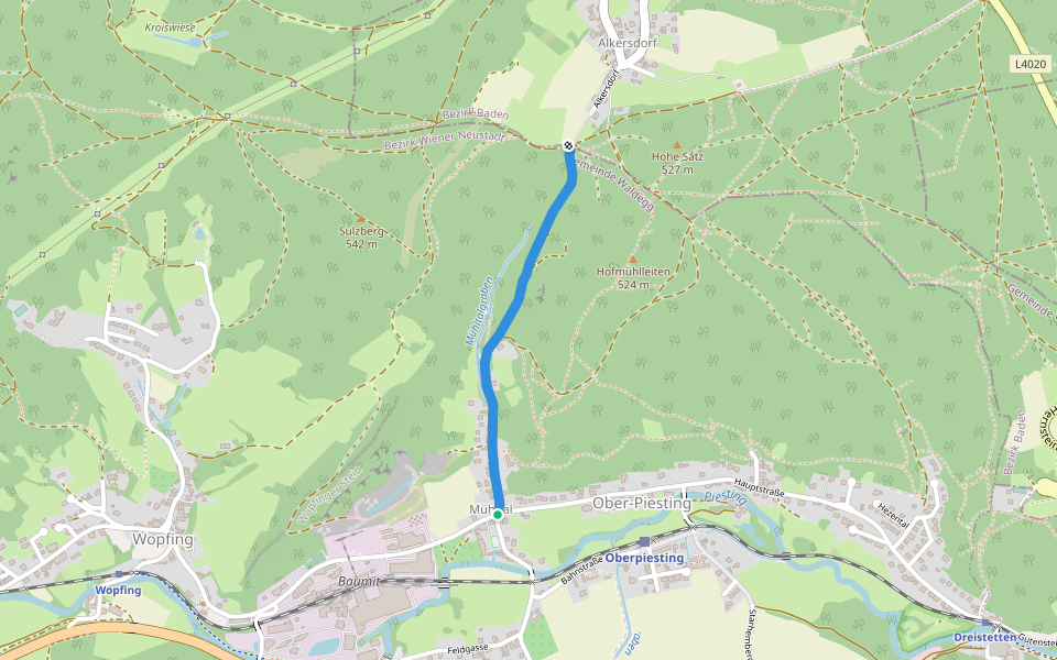 Ober-Piesting - Alkersdorf (231 Zubringer) walking route map in Wopfing