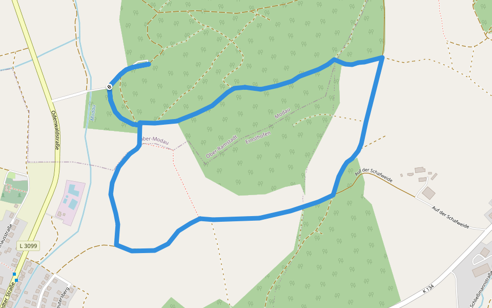 Rundwanderweg Modautal Am Mühlwald 3: Hohe Straße-Weg walking route map in Ober-Ramstadt