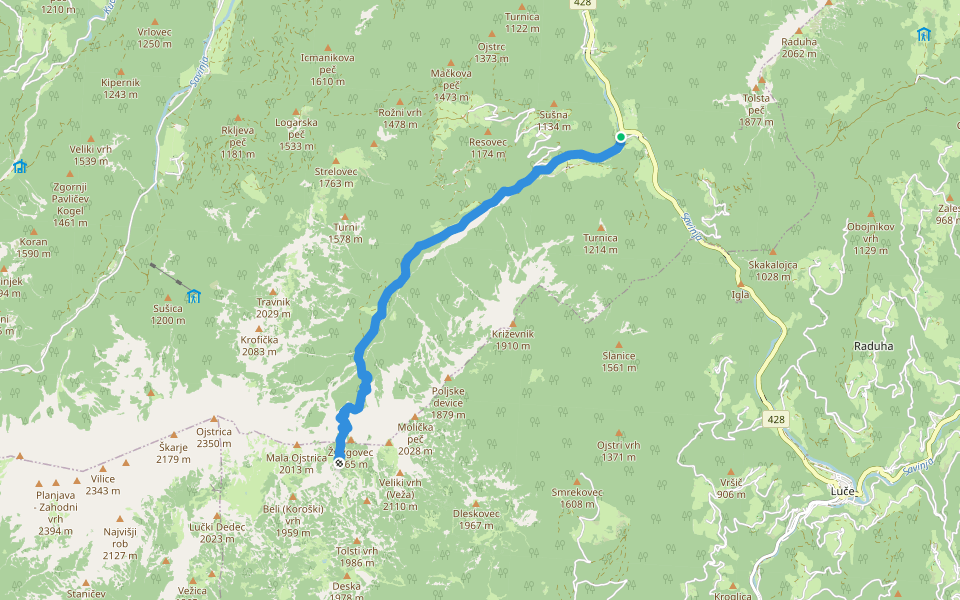 Robanov kot - Molička planina walking route map in Robanov Kot