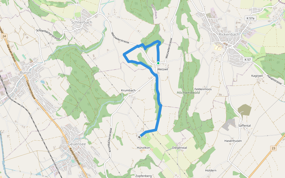 Hunzikon - Wetzwil walking route map in Schlierbach