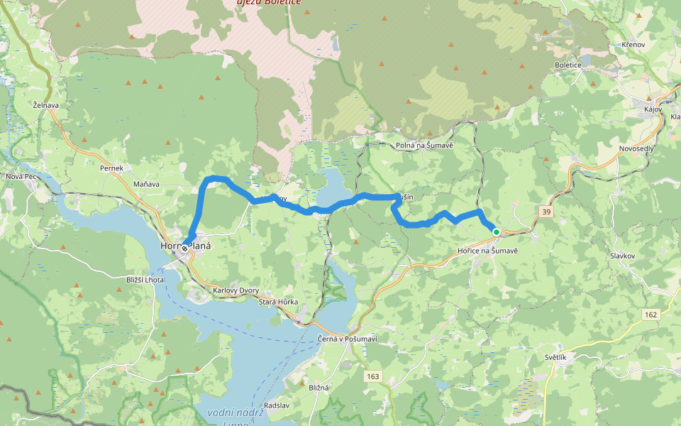 [Č] Hořice na Šumavě (žst) - Horní Planá (nám.) walking route map in Hořice na Šumavě