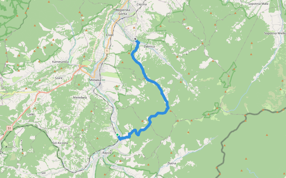 Rajcza PKP - Żabnica walking route map in Rajcza