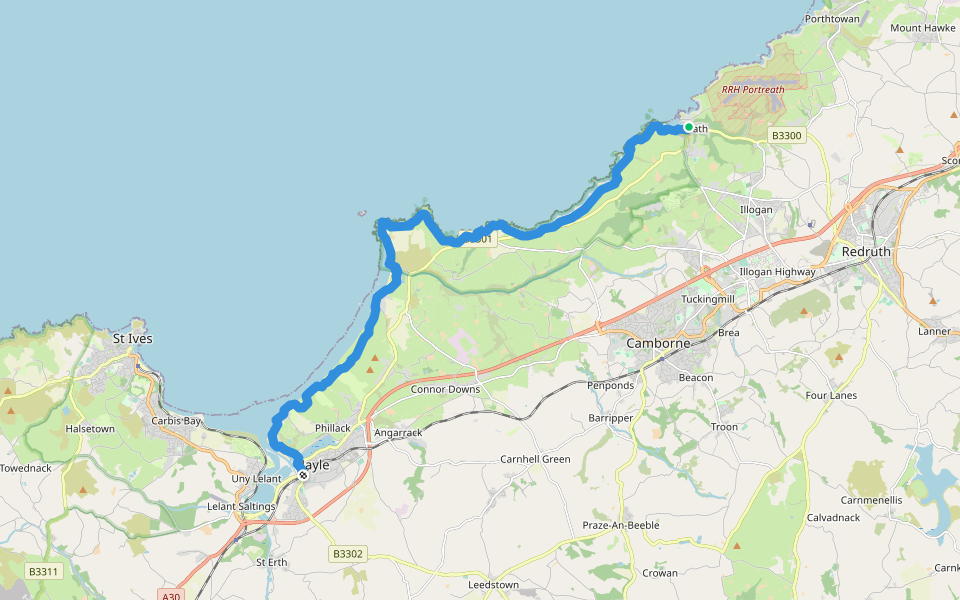 South West Coast Path (Section 19: Portreath to Hayle) walking route map in Portreath