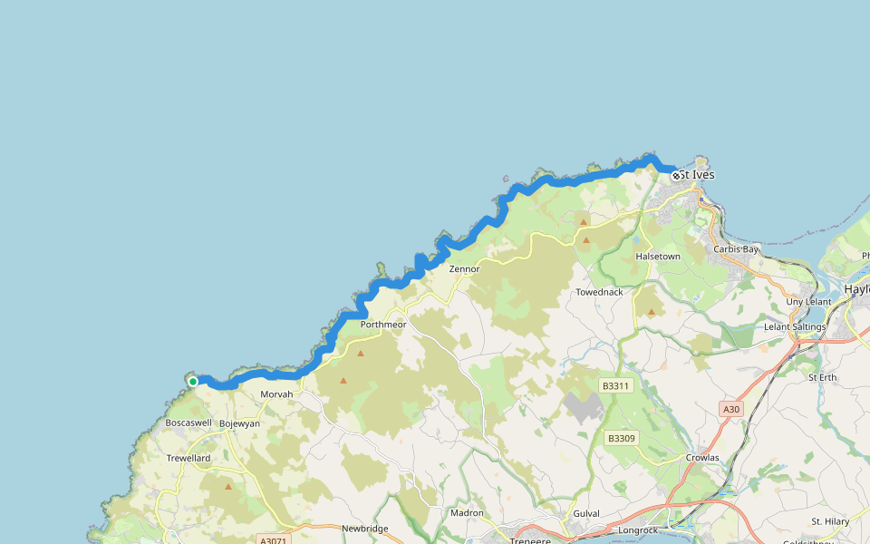 South West Coast Path (Section 21: St Ives to Pendeen) walking route map in Pendeen