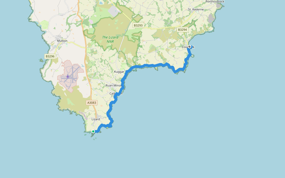 South West Coast Path (Section 27: The Lizard to Coverack) walking route map in Lizard