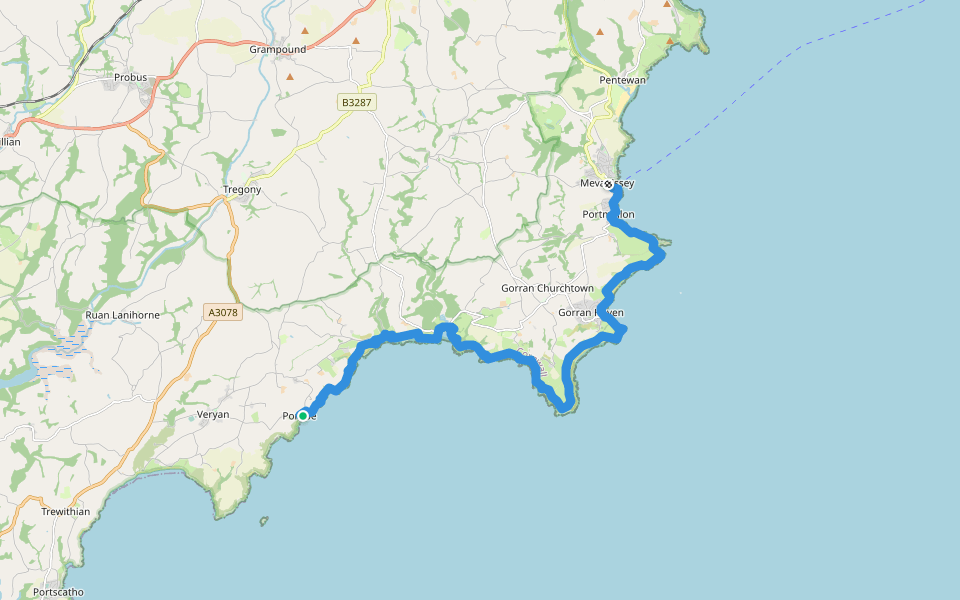 South West Coast Path (Section 31: Portloe to Mevagissey) walking route map in Portloe