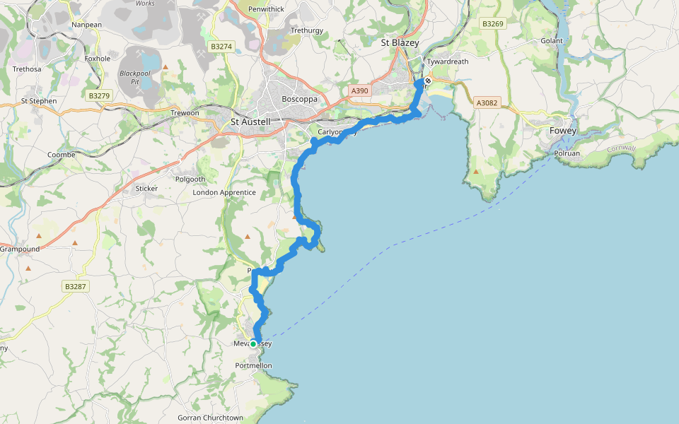 South West Coast Path (Section 32: Mevagissey to Par) walking route map in Mevagissey
