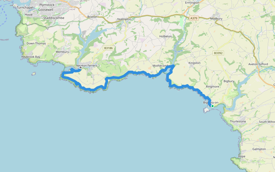 South West Coast Path (Section 37: Wembury Point to Bigbury on Sea) walking route map in Bigbury-on-Sea