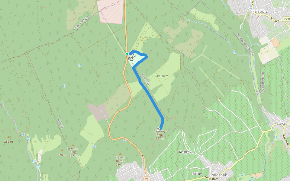 K▲ (Nosztori autóspihenő - Csákány-hegy, Endrődi Sándor-kilátó) walking route map in Paloznak