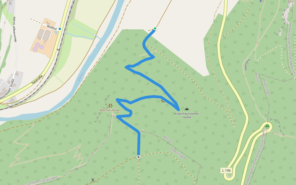 Querweg des Schwäbischen Albvereins (rote Raute) walking route map in Beuron