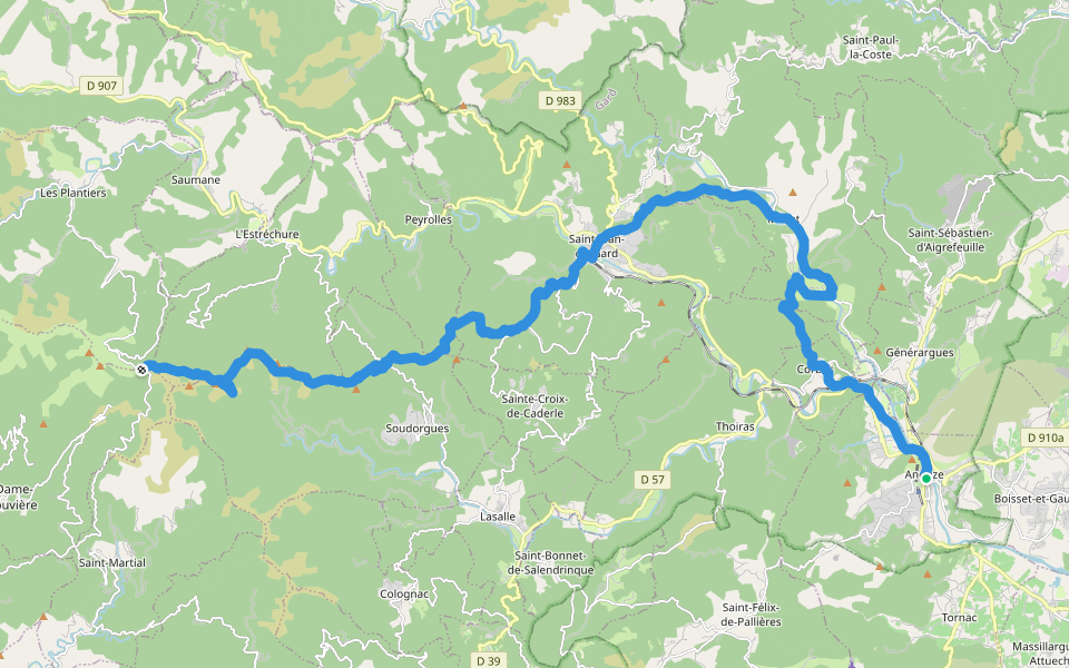 D'Anduze au Col de l'Asclier walking route map in Anduze