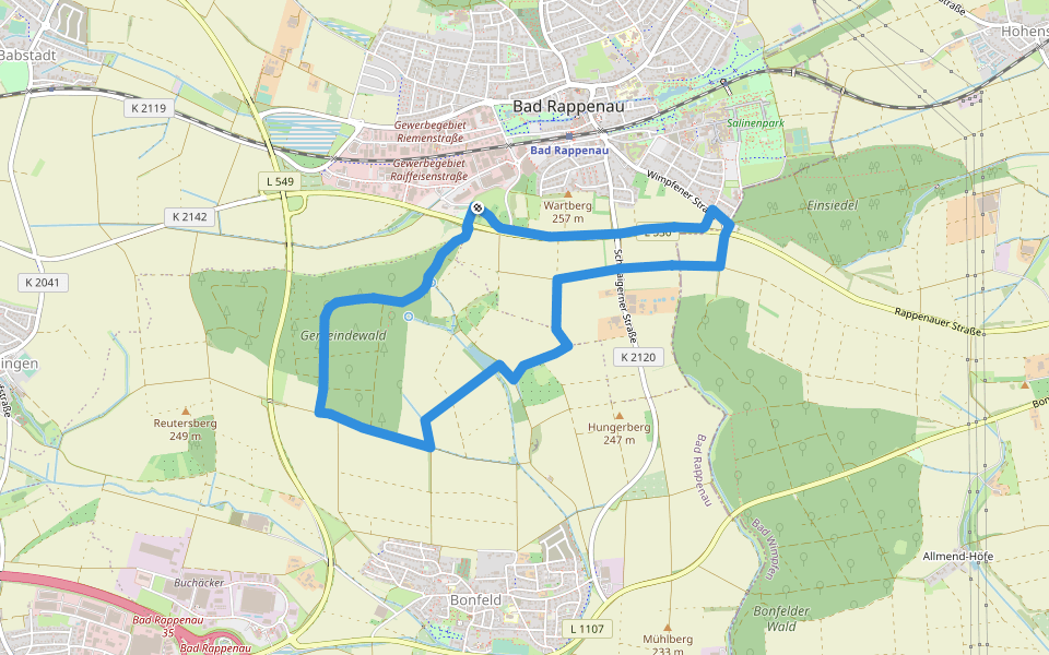 Bad Rappenau Rundwanderweg 1: Galgenberg-Weg walking route map in Bad Rappenau