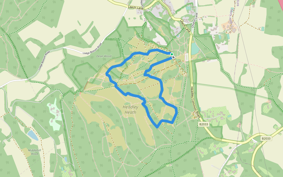 Heathland Trail (Headley Heath NT) walking route map in Headley