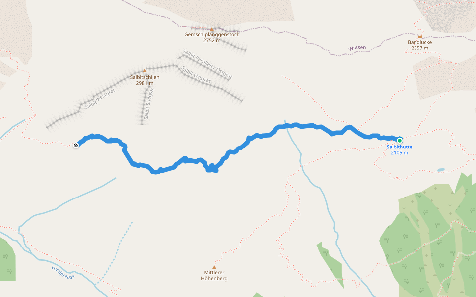 Salbithütte - Salbitbiwak walking route map in Göschenen