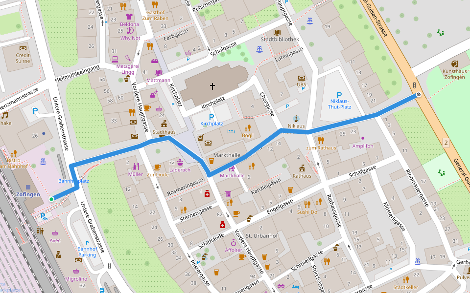 Zofingen (Bahnhof) - Altes Schützenhaus walking route map in Zofingen