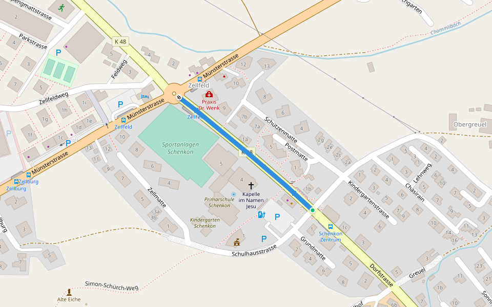Zellfeld - Schenkon Gemeindezentrum walking route map in Schenkon