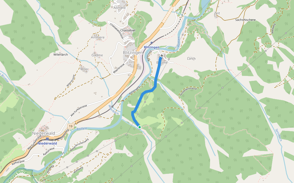 Blitzingen-Waldweg walking route map in Goms