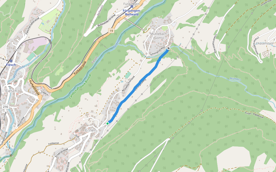 Ernen-Mühlebach walking route map in Ernen
