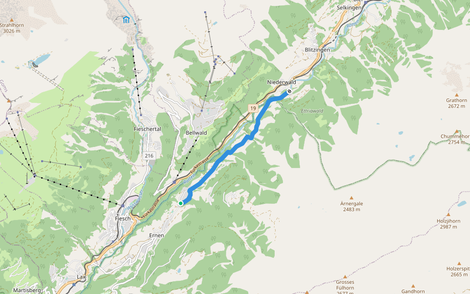 Mühlebach-Niederwald walking route map in Goms