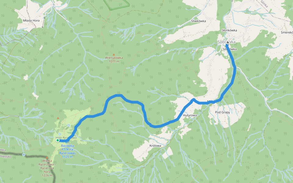 Soblówka - Rycerzowa schronisko PTTK walking route map in Soblówka